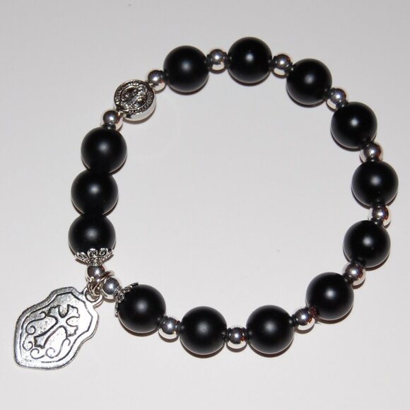 Cross Bracelet,Rosary Bracelet,Stone Bracelet,Large 10mm Stone Beads,Pray,Gift - Picture 1 of 2